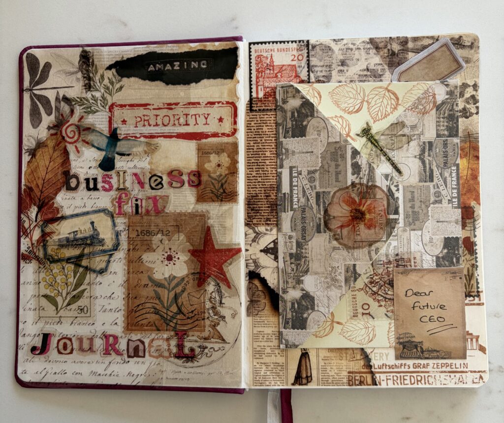 two page spread inside my business fix junk journal